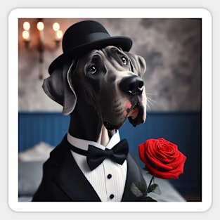 Great dane dog in formal tuxedo with hat and candlelight Sticker